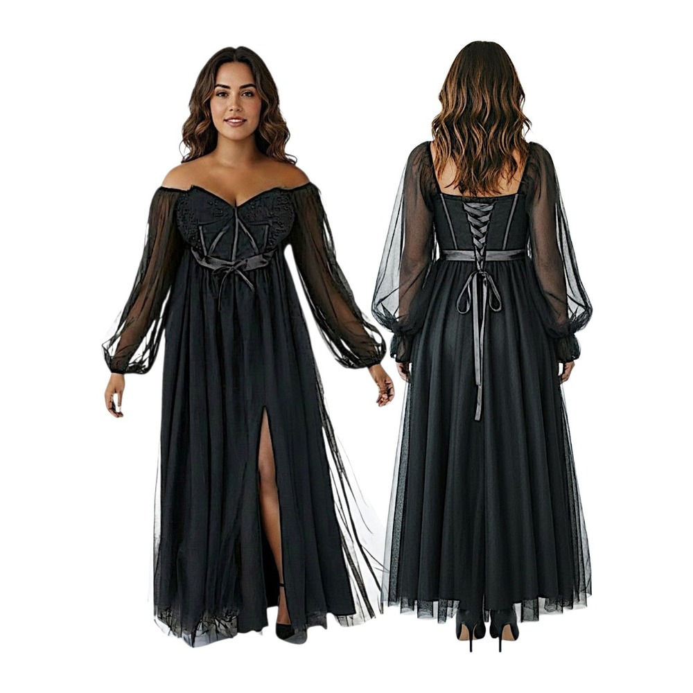 Tulle Lace Up Corset Gown 10 Coquette Black Goth Prom Dress Halloween Costume